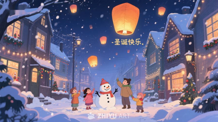 雪夜圣诞欢聚，灯笼高挂 404