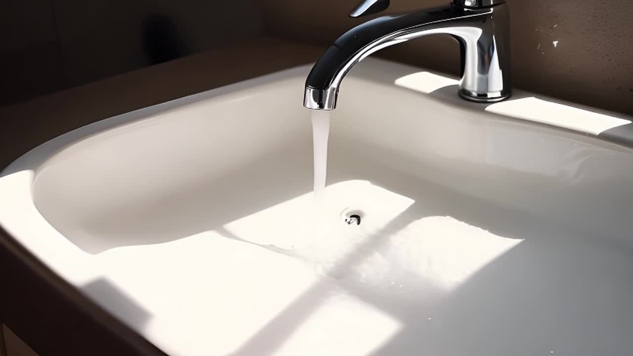 水从水龙头流出，落入白色水槽中。光线照射在水槽上，