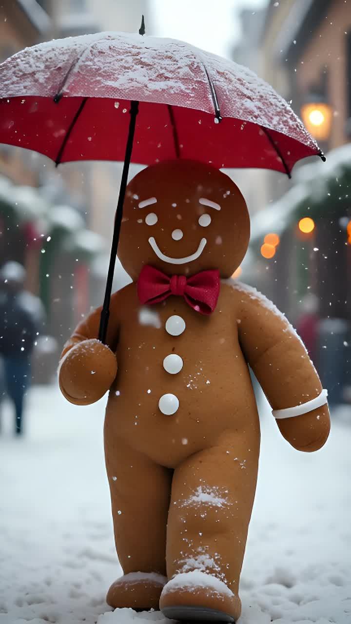 一个姜饼人站在被雪覆盖的街道上，手持一把红色的雨伞