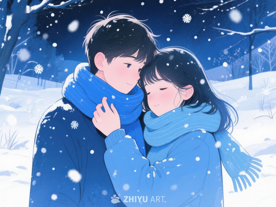 冬日雪景中的情侣温馨相拥 94