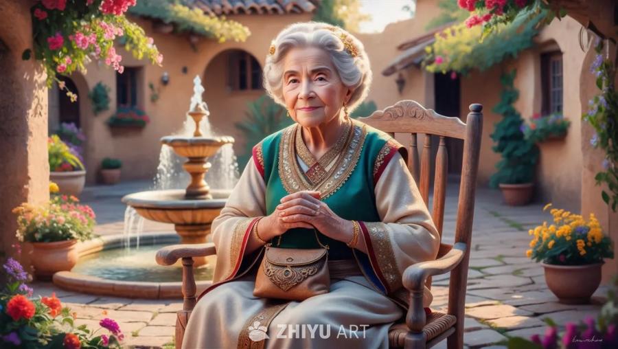 一位老妇人坐在摇椅上，双手交叠，手提一个棕色小包。