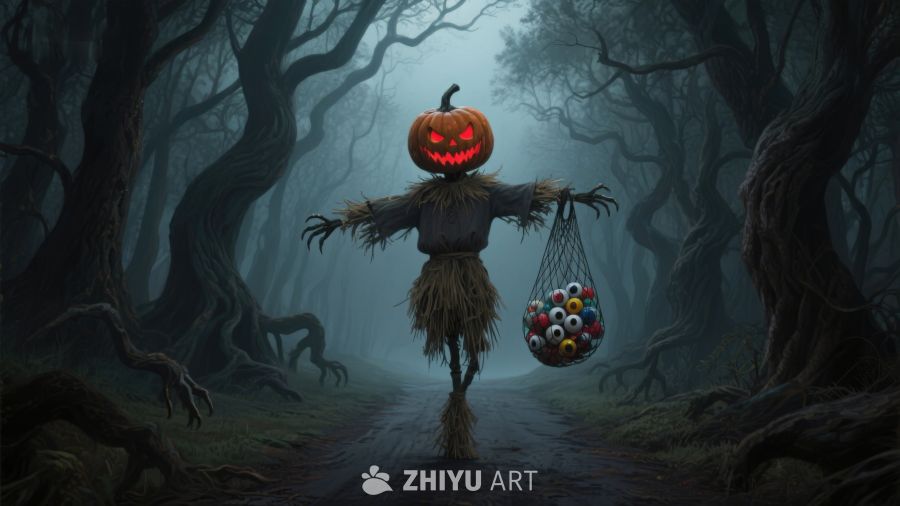 南瓜头稻草人提着糖果袋在幽暗森林中