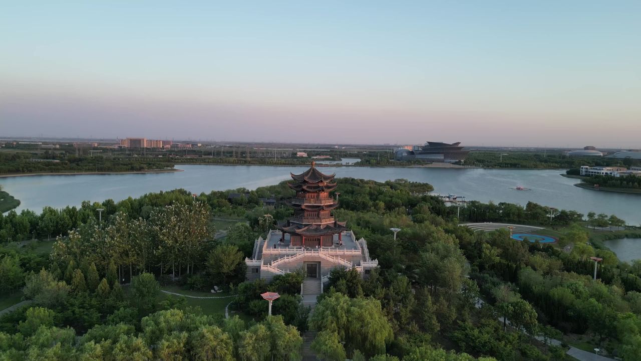  山东东营清风湖公园多宝塔航拍