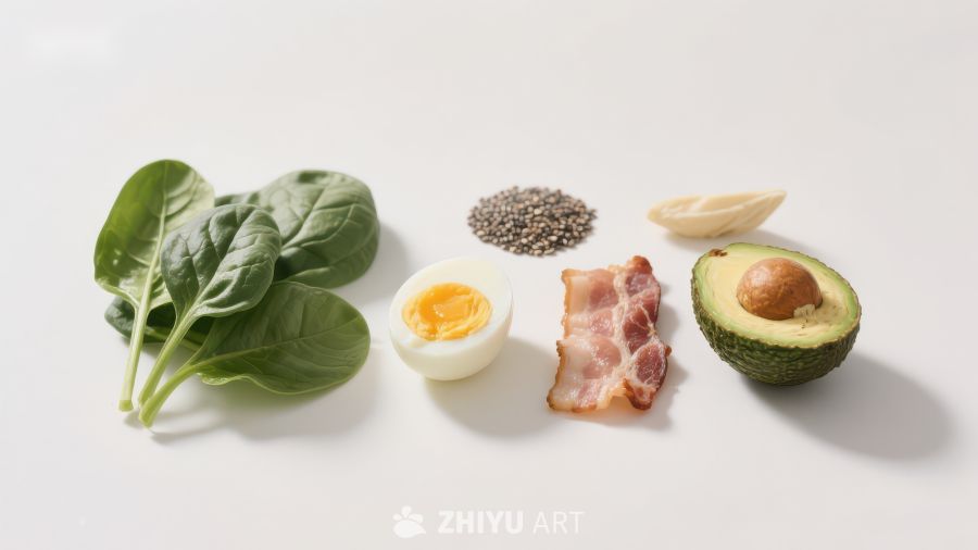 健康食材组合：菠菜、鸡蛋、培根、牛油果
