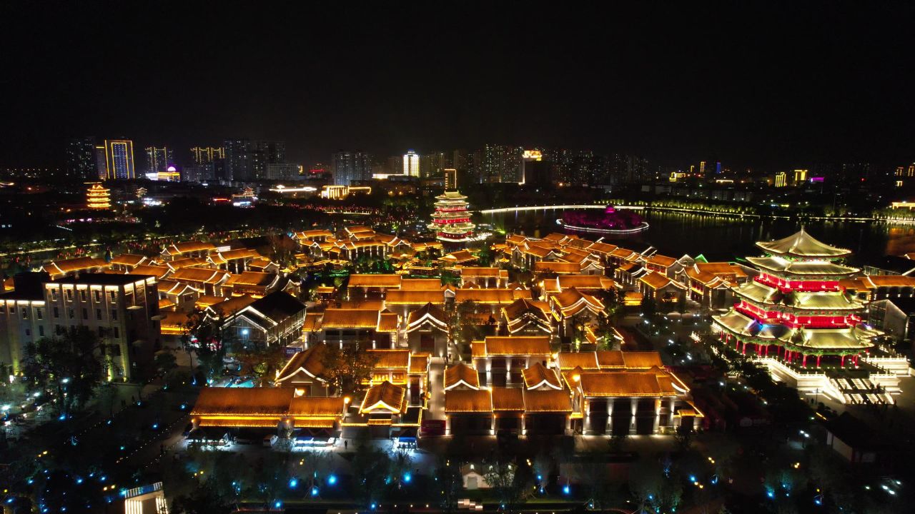 河北沧州城市夜景灯光航拍