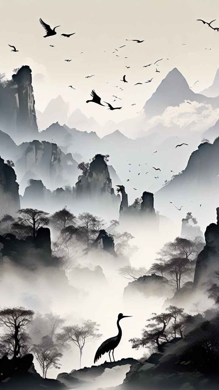 国风山水鹤插画背景 93