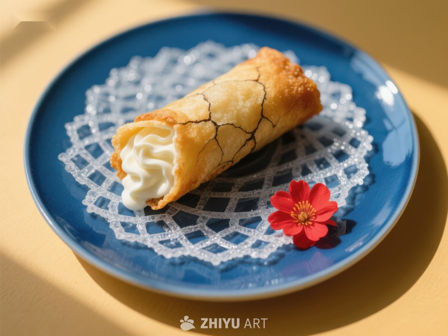 金黄蛋卷配奶油，点缀红色花朵