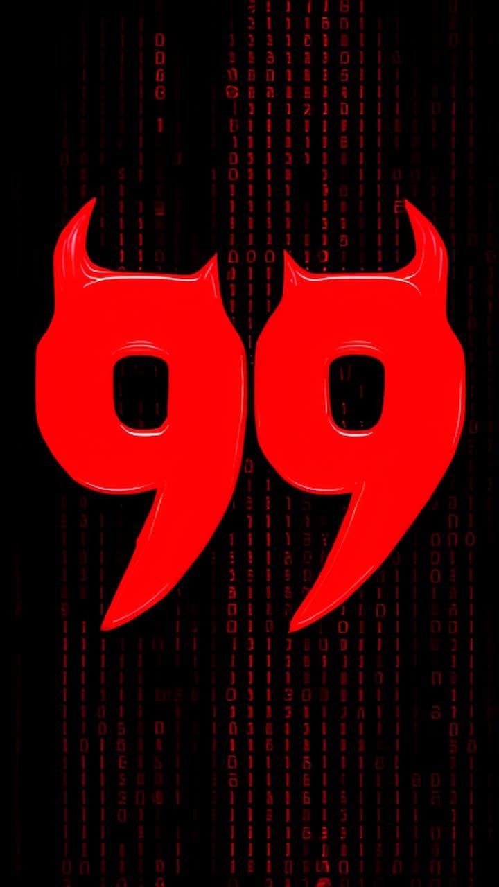红色恶魔字体的数字99，背景是红色矩阵数字垂直落下
