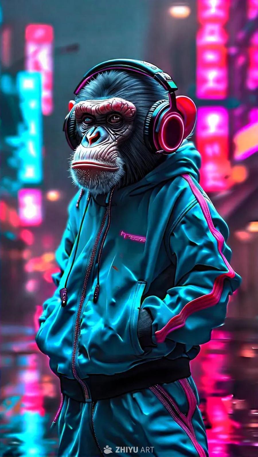 一只猴子穿着时髦的运动服，戴着耳机，呈现出酷炫的风