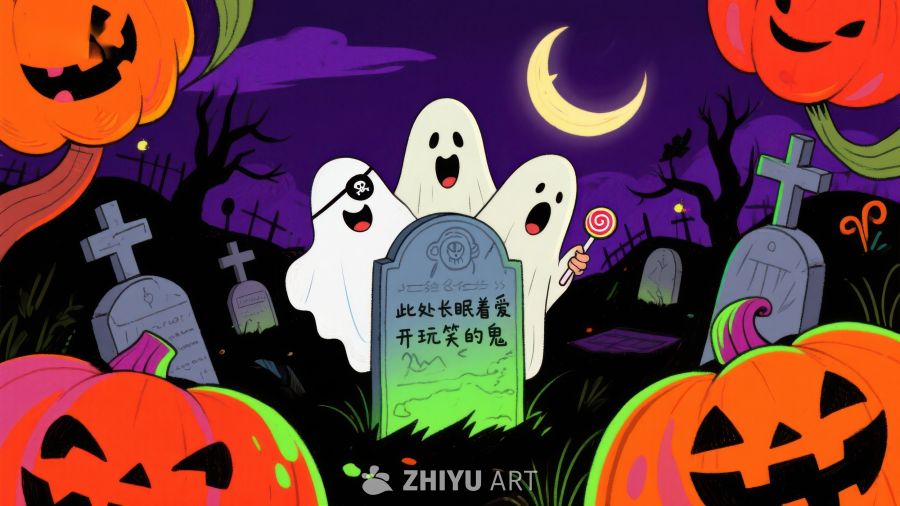 万圣节幽灵墓地夜景插画