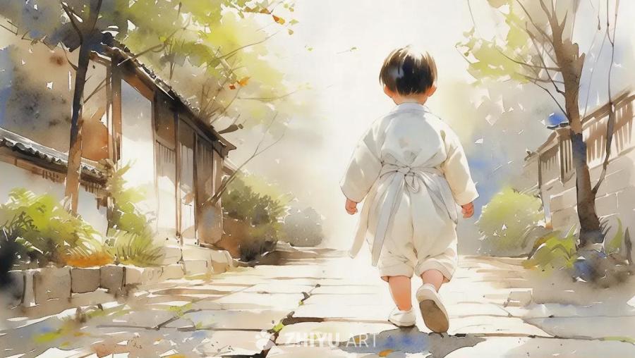 一个穿着白色衣服的小孩正面朝着镜头走来，背景是水彩