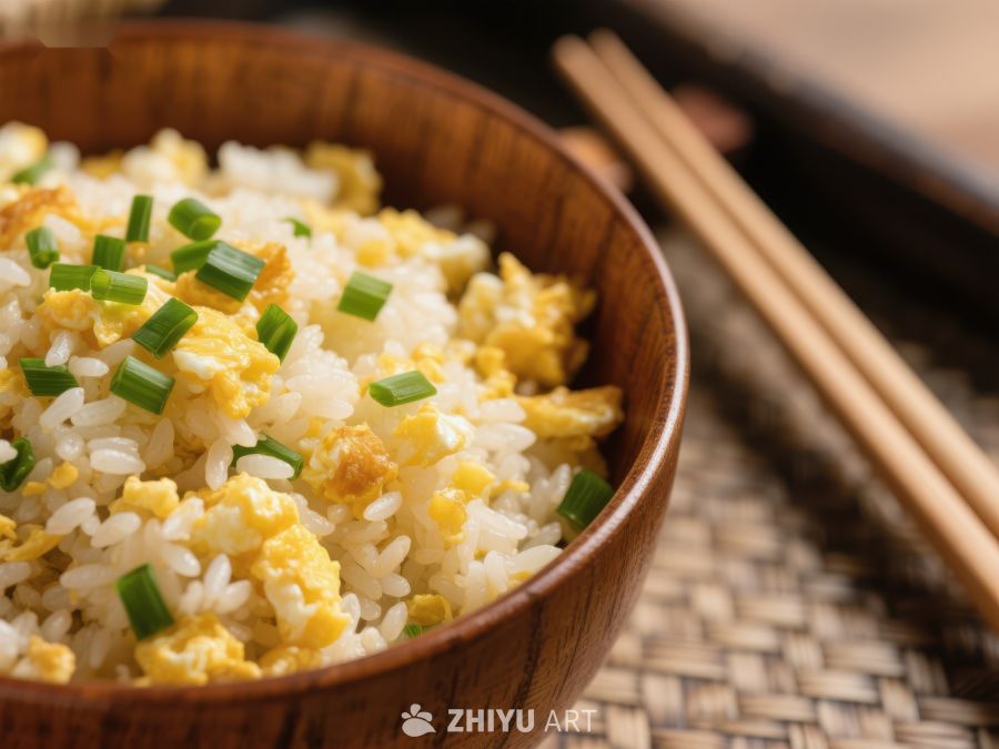 木碗中的炒饭配葱花 627