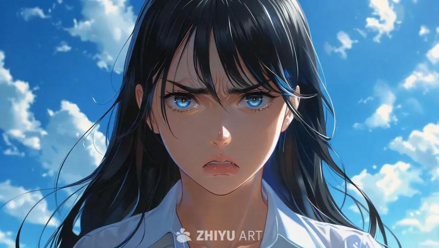 一个动漫风格的女孩肖像，背景是天蓝色天空。她的眼睛