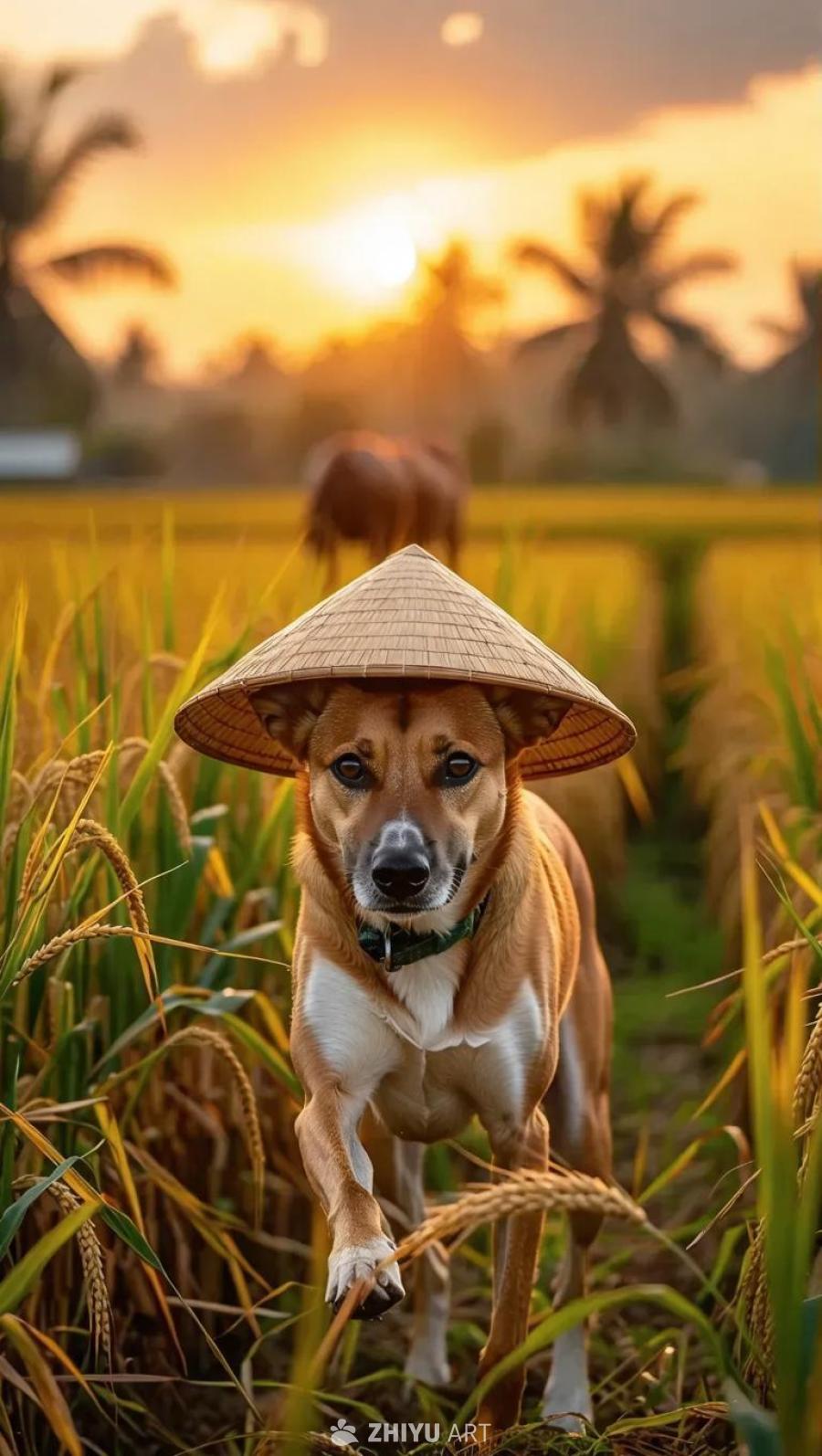 一只狗戴着越南斗笠站在稻田里。稻田呈金黄色，背景是