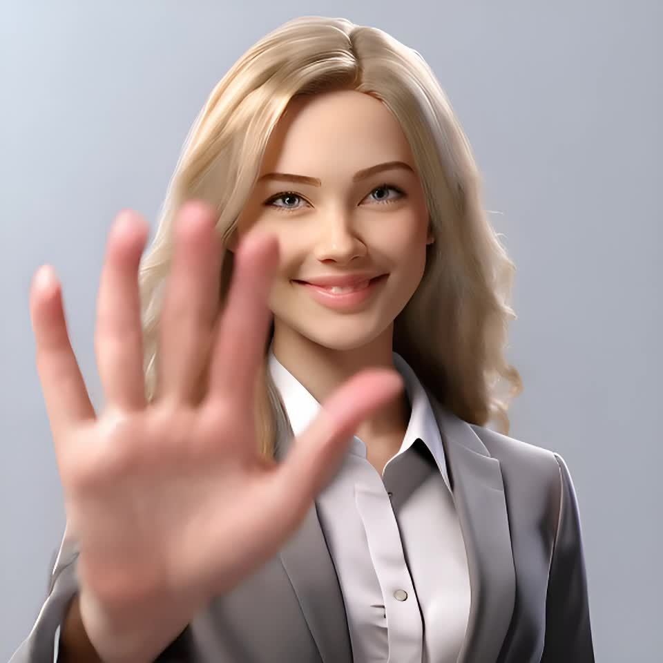 一个金发女子穿着灰色西装和白色衬衫，她的嘴角略微向