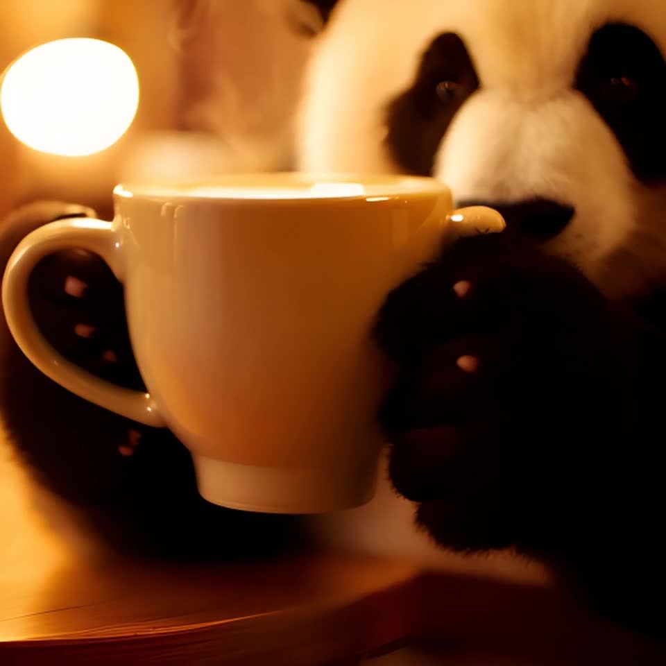 熊猫用它的爪子捧着一杯冒着热气的咖啡。杯子是白色的，有一个圆形的手柄和一个矮胖的身体。背景灯光昏暗，营造出一种温馨的氛围。蒸汽从杯子里升起，为这个场景增添了一丝神秘感。
