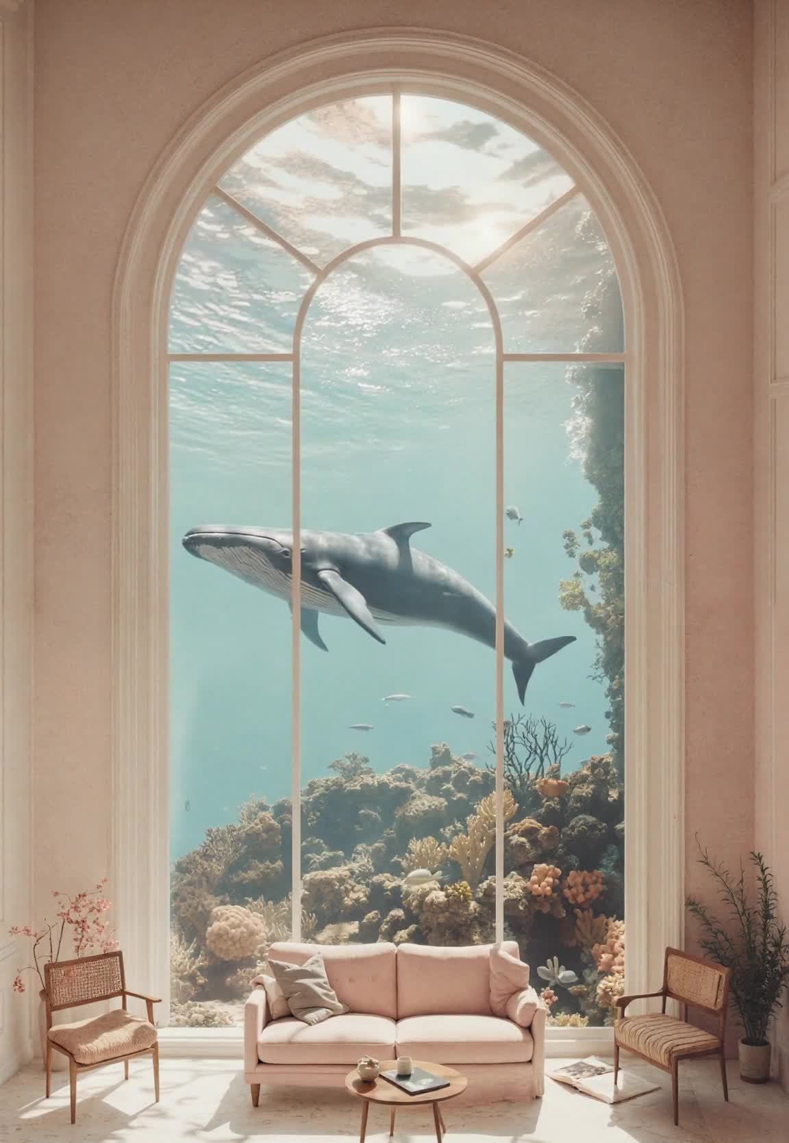 海景落地窗：蓝鲸游弋珊瑚礁上