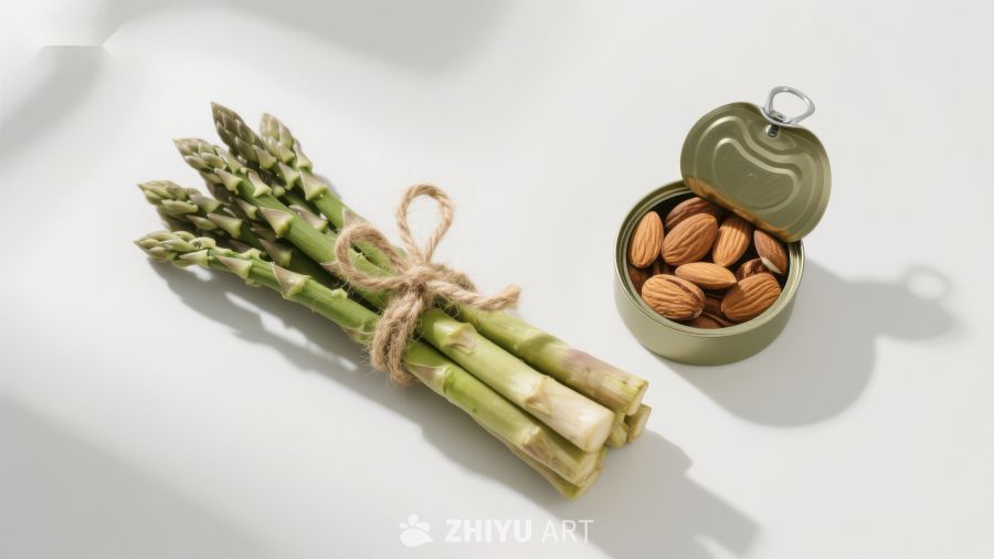 芦笋与杏仁罐头的静物组合
