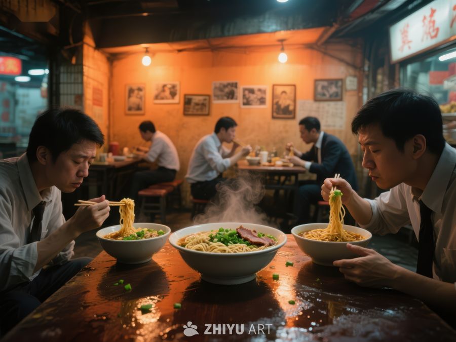 夜市摊位前，三人共品热腾腾面条 844