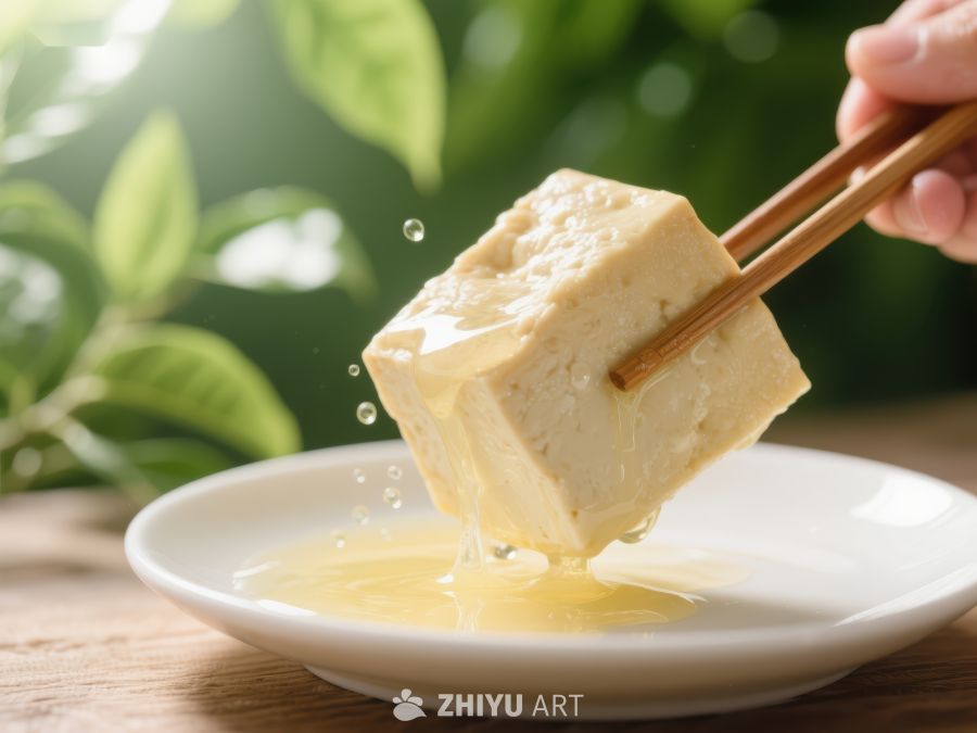 筷子夹起嫩滑豆腐，滴落汤汁 333