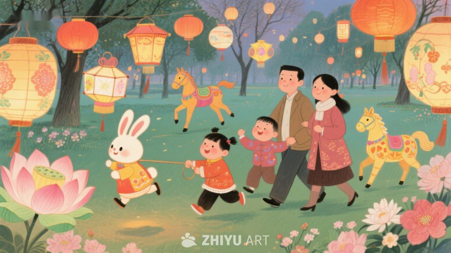 家庭欢庆节日，共赏花灯与兔子 501