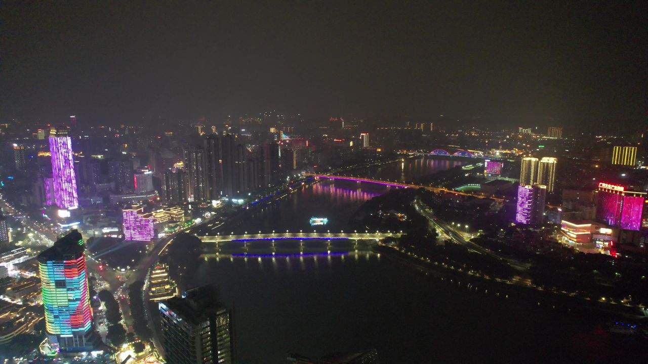 广西南宁邕江夜景灯光航拍 