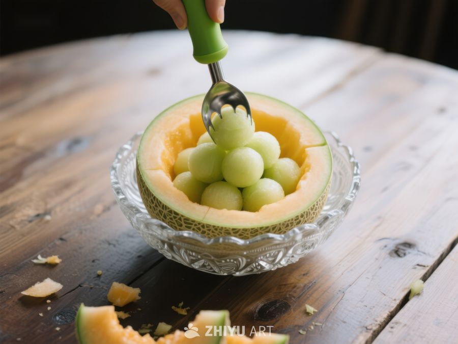 勺子挖取哈密瓜球，置于玻璃碗中 460