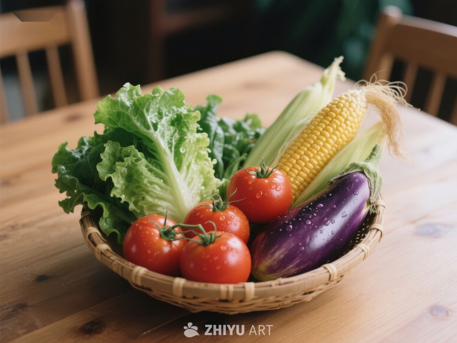 新鲜蔬菜篮，包含玉米、茄子和番茄 644