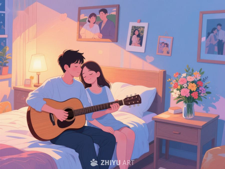 温馨卧室中弹吉他的情侣 834