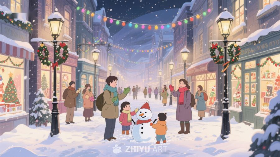 冬日街头温馨雪人场景 9