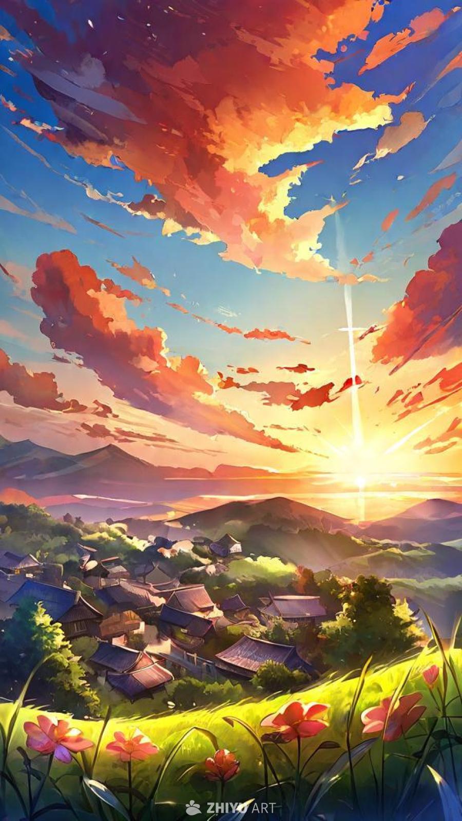 夕阳下的村庄，天空呈现出橙色和粉色的渐变，温暖的光