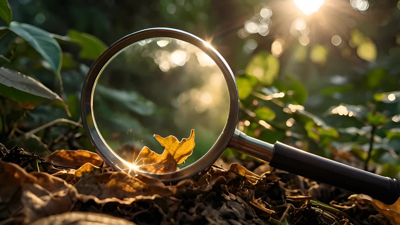 一个放大镜靠近地面放置，里面显现出一片鲜艳的树叶。