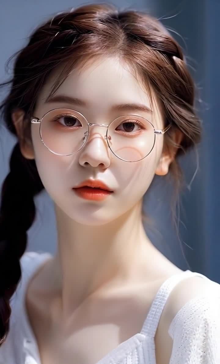 戴金边眼镜的棕发女孩特写肖像，微笑凝视镜头。