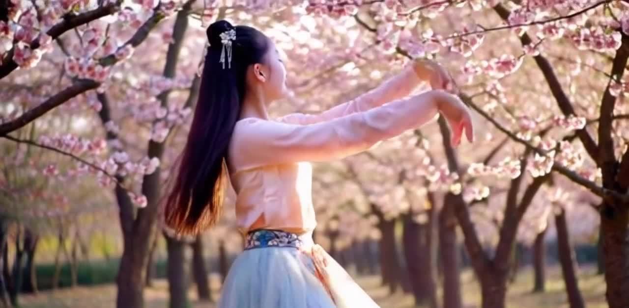 桃花林中舞动的古典少女