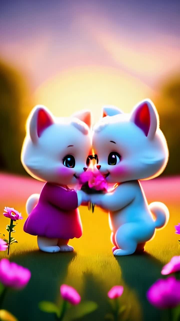 两个可爱的卡通角色站在一个充满鲜花的草地上。其中一