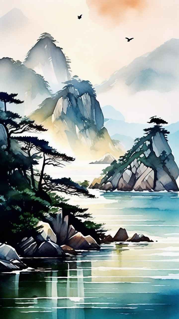 雾气缭绕大海山水画简约风格 29