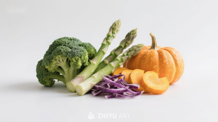 新鲜蔬菜组合：西兰花、芦笋、南瓜与洋葱