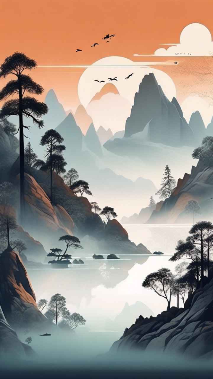 国风水彩画山水风景插画 4