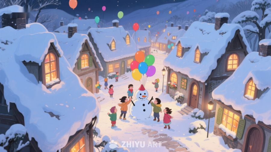 雪夜小镇，孩童堆雪人 431