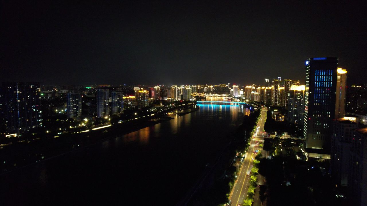 福建福州闽江两岸夜景航拍 