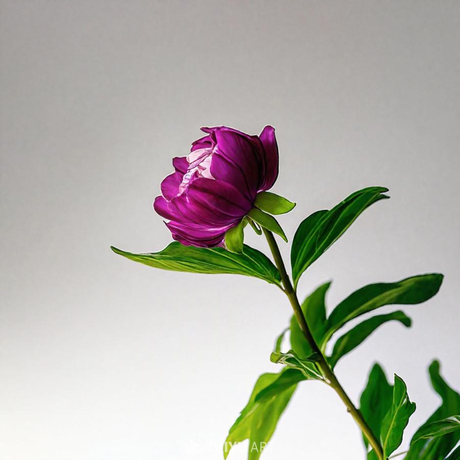 一朵紫色花瓣的花朵的特写，花朵位于花瓶中。绿叶环绕