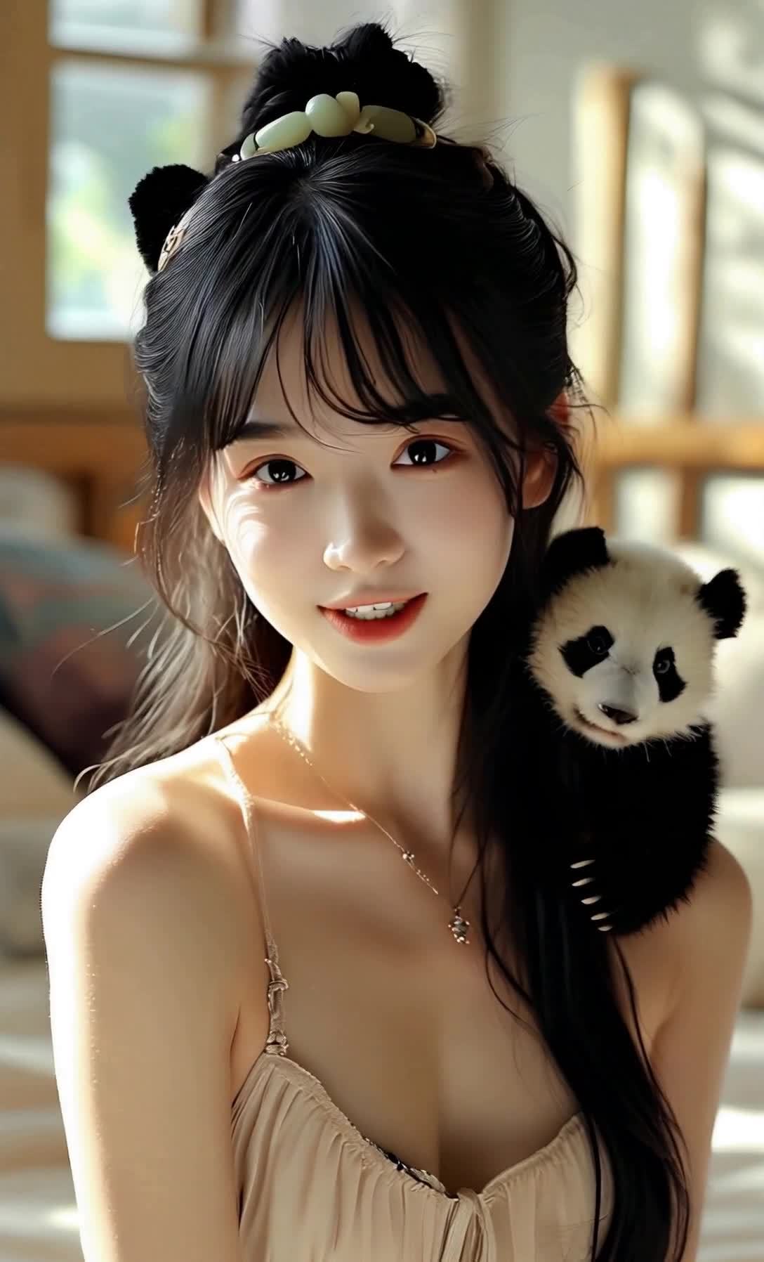 黑发美女与熊猫宝宝的温馨瞬间