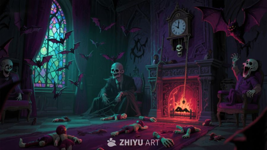 幽暗古堡中的骷髅聚会