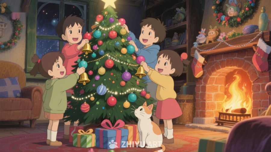 温馨圣诞夜，孩子们装饰圣诞树 275