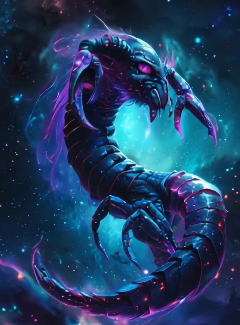 星云背景下的深蓝色蝎形宇宙生物
