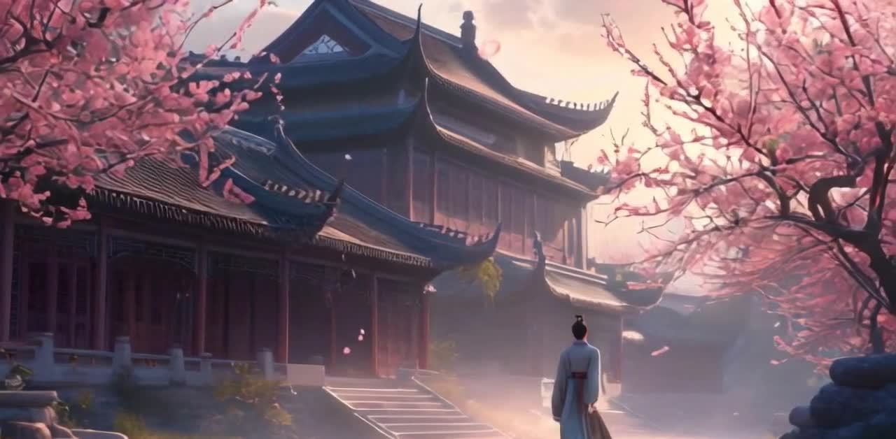 一名男子正在走向一座古建筑，建筑风格独特，屋顶翘起