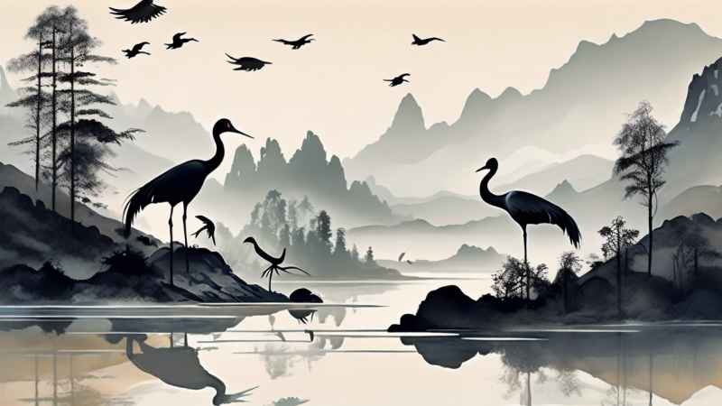 国风山水鹤插画背景 87