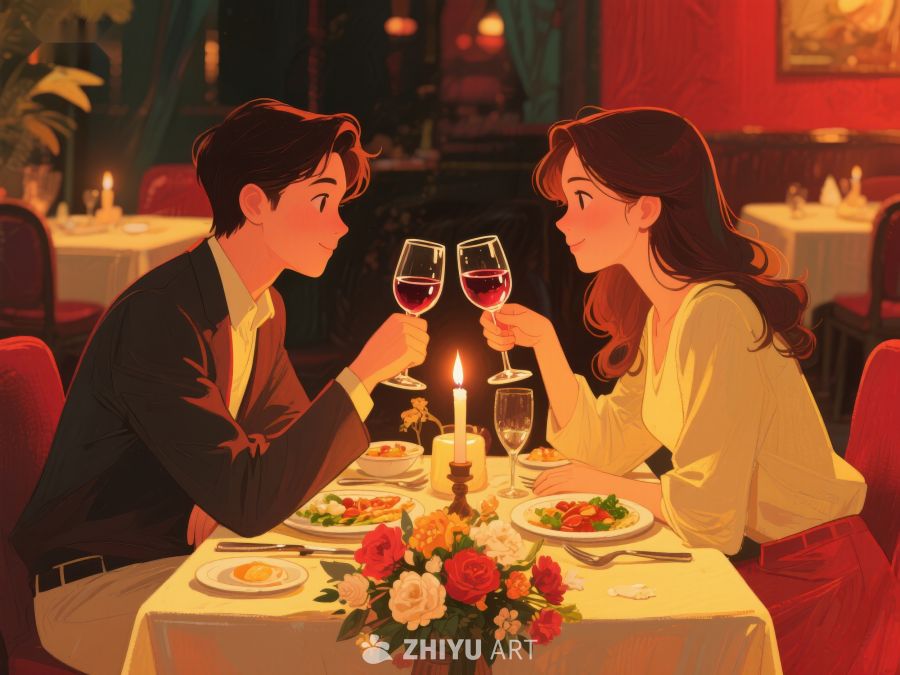 浪漫晚餐：情侣在烛光下共享美食 447