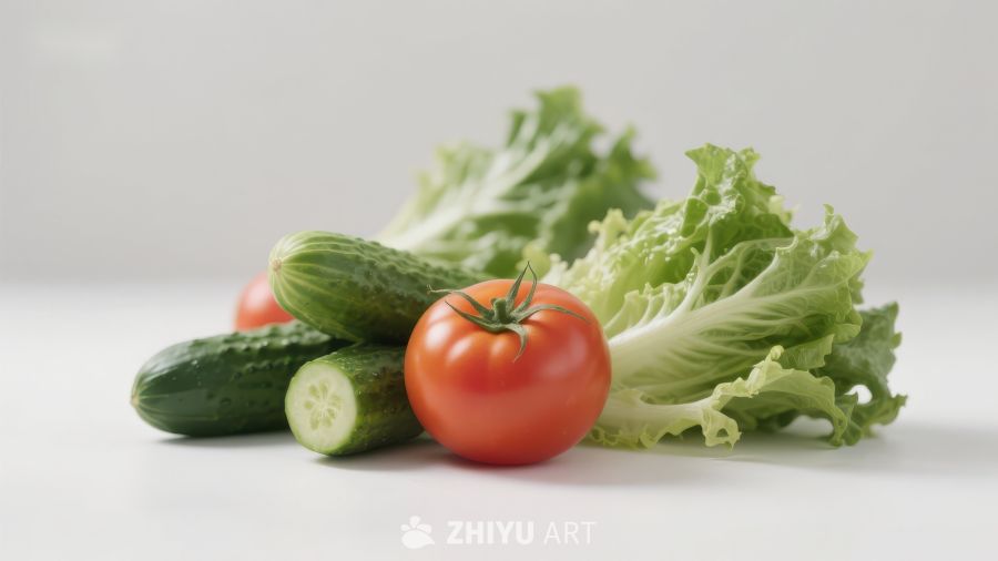 新鲜蔬菜组合：黄瓜、生菜与番茄