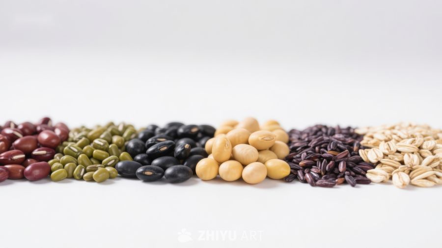 多种豆类与谷物整齐排列
